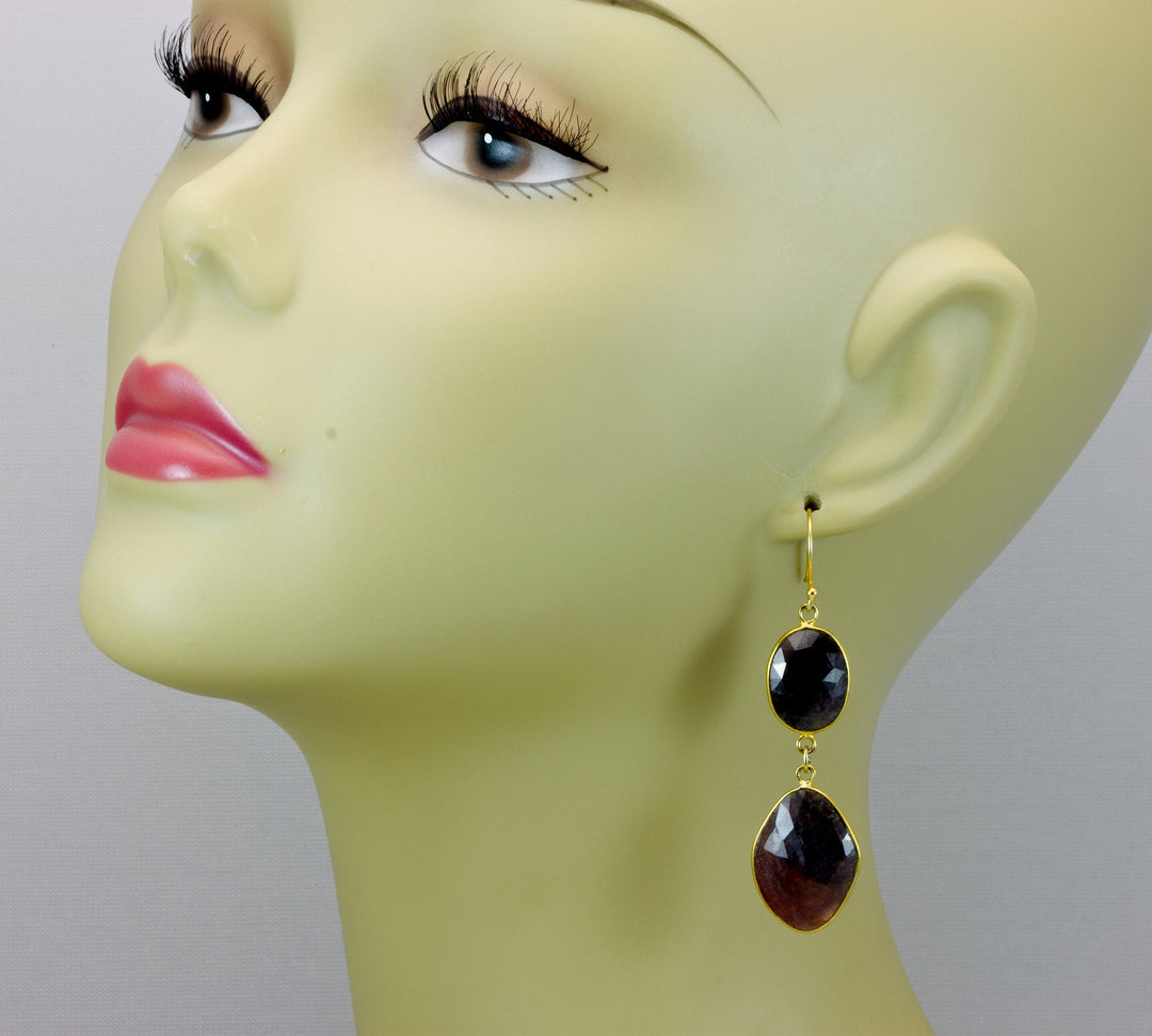 Dark Red Sapphire Earrings Teardrop 14k Gold Filled  Bezel Rectangle Shaped Faceted Simple Double Hung Bezeled Long Drops Natural 2.5 Inch