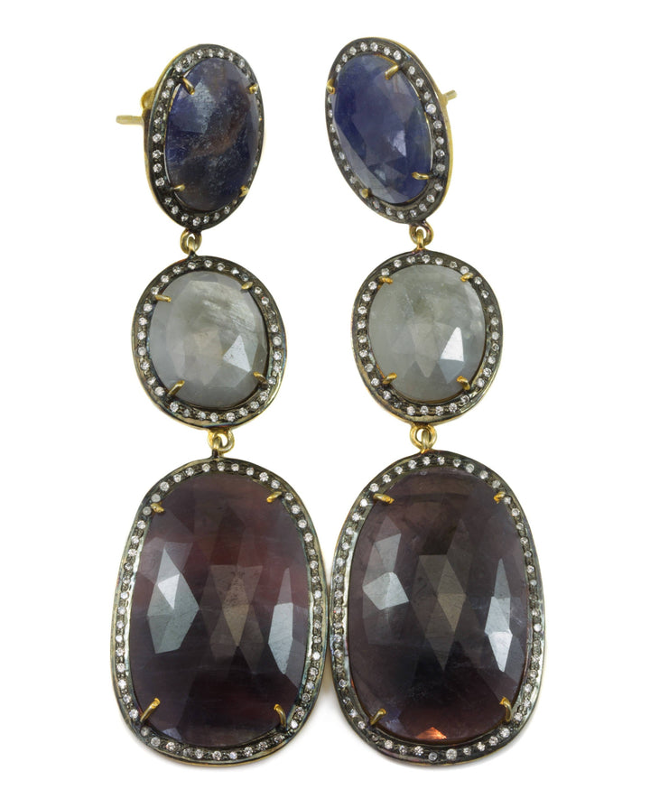 Red Blue White Sapphire Earrings  14k Yellow Gold Bezel Off Round Faceted Topaz Triple Hung  Long Drops Natural 3 Inch Drop Post Stud