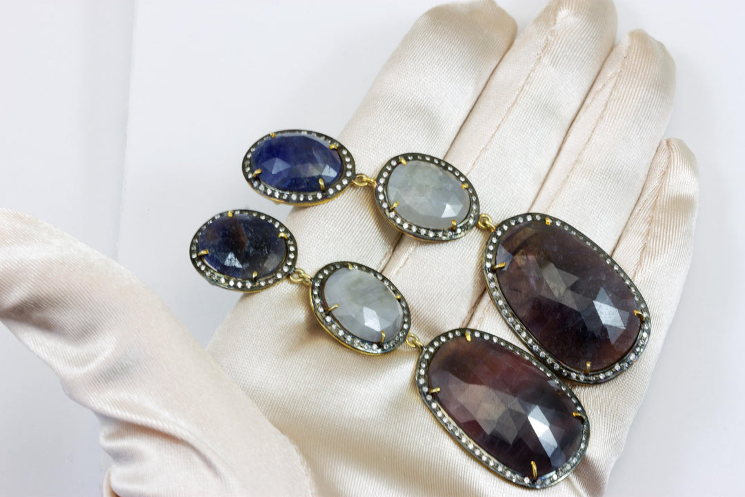 Red Blue White Sapphire Earrings  14k Yellow Gold Bezel Off Round Faceted Topaz Triple Hung  Long Drops Natural 3 Inch Drop Post Stud