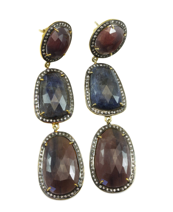 Red Blue Sapphire Earrings  14k Gold Filled  Bezel Off Round Faceted White Topaz Surround Triple Hung  Long Drops Natural 3 Inch Post Stud