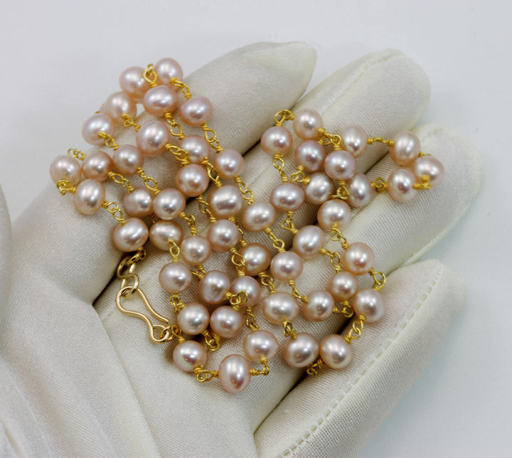 Pink Pearl Necklace Light Champagne Rose Pink Freshwater Cultured Pearls Link Beaded 24 Inch 14k Gold Filled and Plate Simple Chain Link