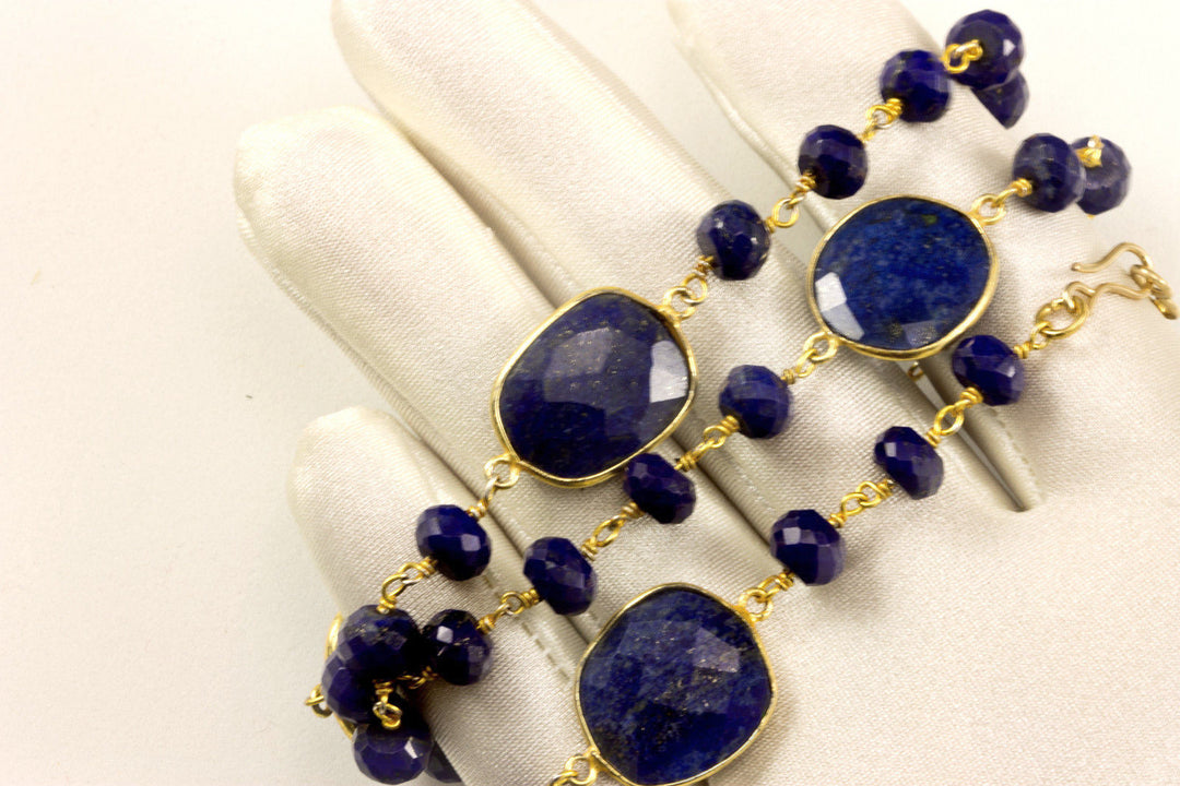 Lapis Lazuli Blue Necklace Natural Faceted Spaced Link  Beaded 14k Gold Fill and Plate 24 Inches Simple Design Bezel Set Chain Pyrite flecks