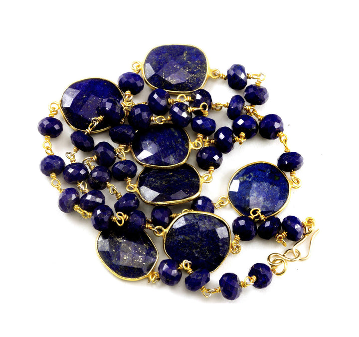 Lapis Lazuli Blue Necklace Natural Faceted Spaced Link  Beaded 14k Gold Fill and Plate 24 Inches Simple Design Bezel Set Chain Pyrite flecks