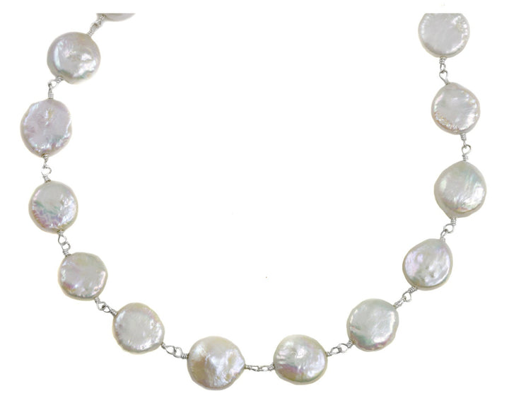 White Button Pearl  Necklace Natural Freshwater Sterling Silver Beaded Chain  24 Inches Freshwater Pearls Round High Luster Iridescence