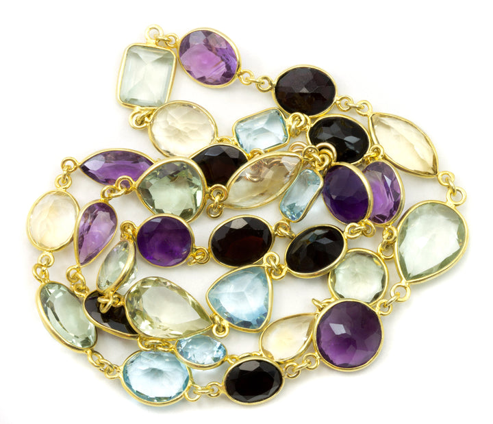 Multiple Gemstone Necklace Bezel Set Stones Off Round Off Oval 24 Inch 14k Gold Filled and Plate Large Faceted Amethyst Topaz Garnet Citrine