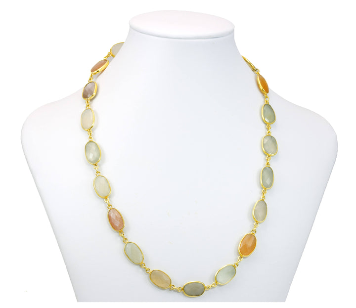 Moonstone Necklace Faceted Peach Gray White  Bezel Set 14k Yellow Gold Fill and Plate 24 Inch Chain Linked  Large Classic Natural