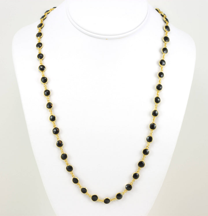 Black Spinel Necklace Bezel Chain Link  24 Inches Faceted Round Cut 14k Gold Fill and Plate Bezeled