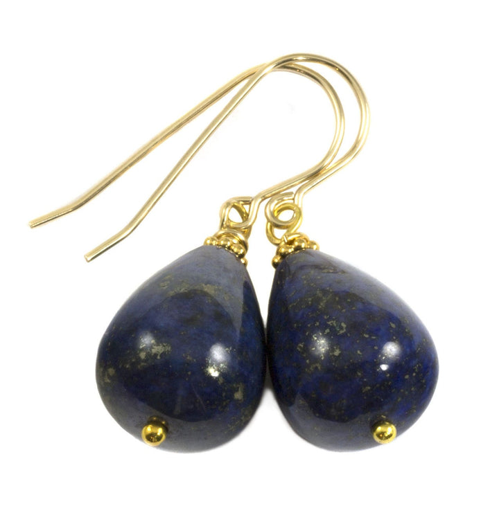 Blue Lapis Lazuli Earrings Natural Smooth Fat Teardrop Drops Sterling Silver or 14k Solid Gold or Filled Dainty Everyday Wear Pyrite Flecks