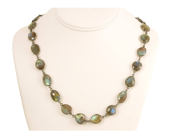 Labradorite Necklace Bezel Set Black Rhodium Plate Blue Flash Chain Link 24 Inch Natural Off Round Shapes Large Cut