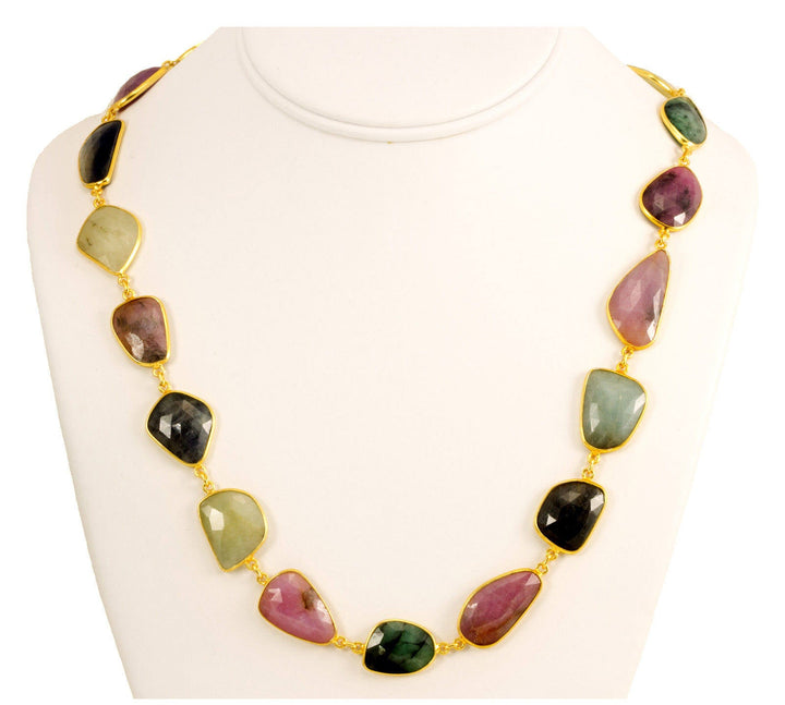 Sapphire Emerald Necklace Chain Link Faceted Raw Stones Multiple Colors 14k Gold Filled  Necklace 24 Inches Pink Blue Yellow Green