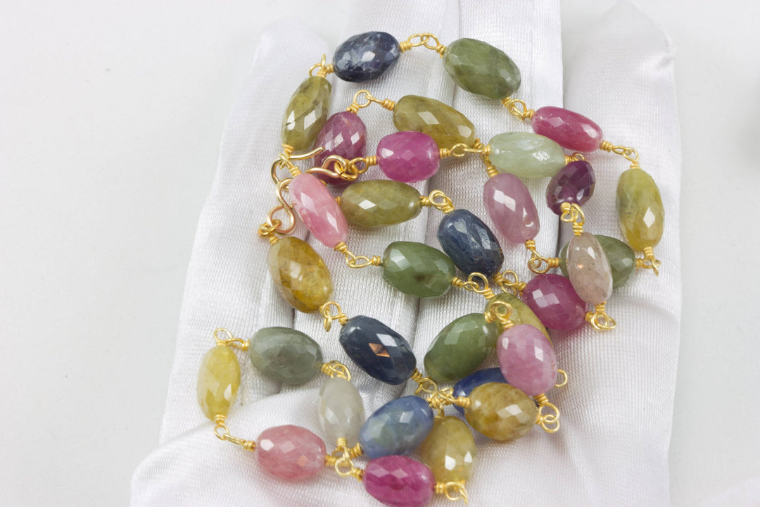 Raw Sapphire Necklace Chain Link Faceted Raw Stones Multiple Colors 14k Gold Filled  Necklace 24 Inches Pink Blue Yellow Green