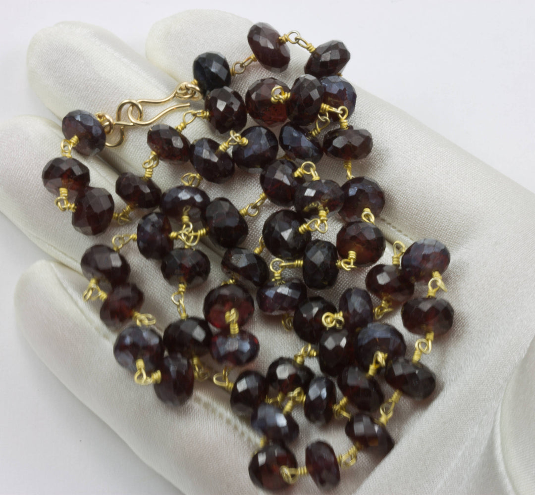 Garnet Necklace Faceted Chain Link  Beaded Necklace 18 19 24 Inch Red Garnet Rondelles Mystic Finish Deep Red Color 7mm 14k Gold Plate Fill