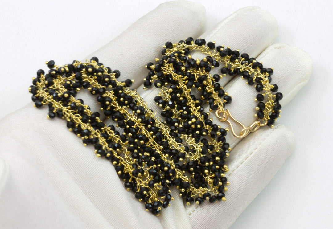 Black Crystal Necklace Faceted Cluster 14k Gold Vermeil  Beaded Chain Link  18 Inches Dense Clusters Super Sparkly