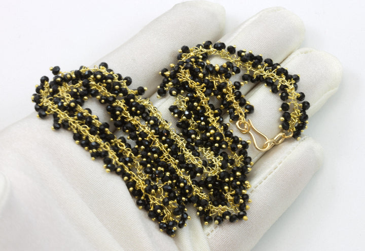 Black Crystal Necklace Faceted Cluster 14k Gold Vermeil  Beaded Chain Link  18 Inches Dense Clusters Super Sparkly