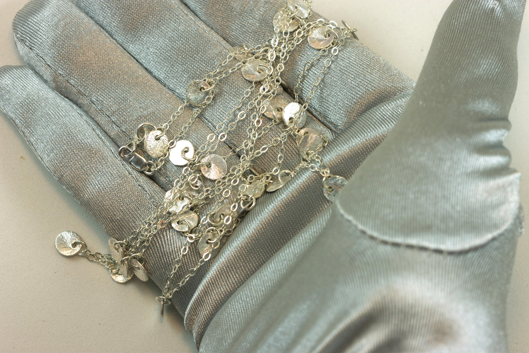 Sterling Silver Chain Necklace Little Dangle Round Coins 36 Inch Length Dainty everyday wear long or double up