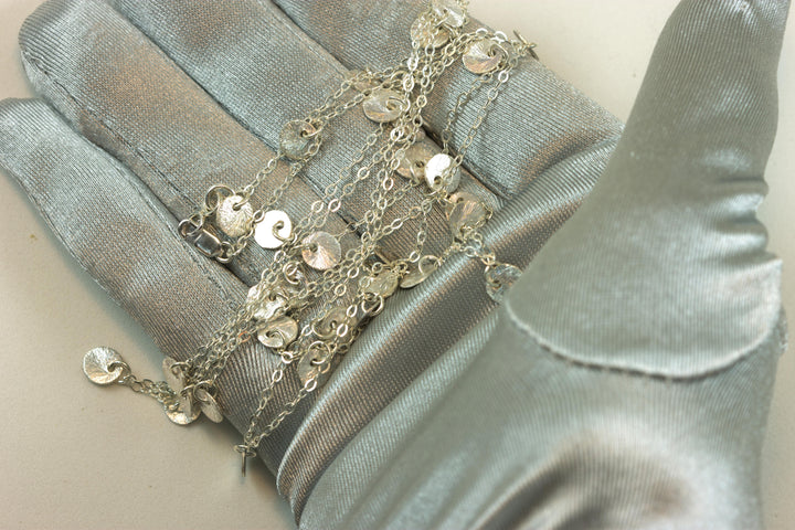 Sterling Silver Chain Necklace Little Dangle Round Coins 36 Inch Length Dainty everyday wear long or double up