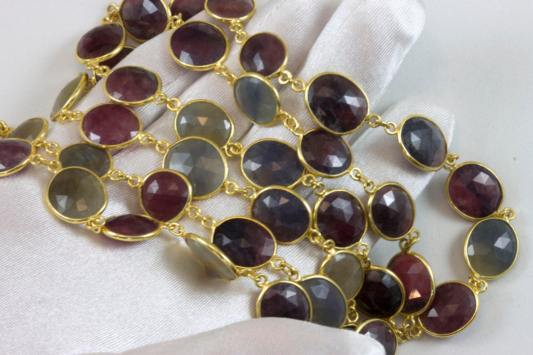 Blue Sapphire Red Ruby Necklace Chain Link Faceted Raw Stones Multiple Colors 14k Gold Filled  Necklace 36 Inches Round Bezel