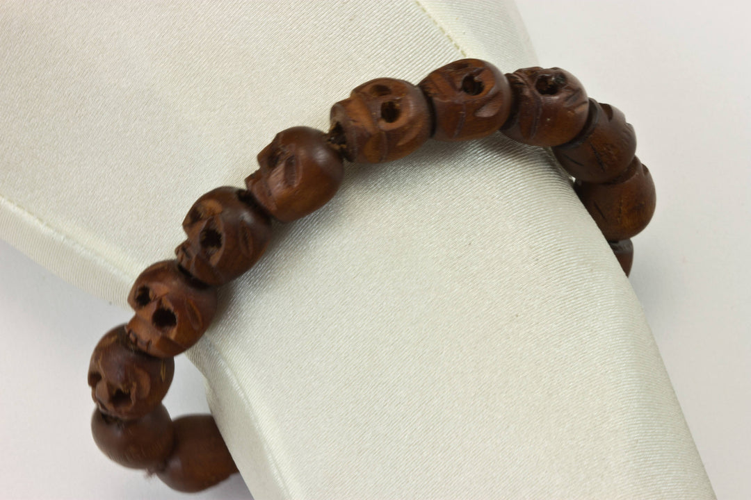 Skull Bracelet Carved Brown or Black Wood Small Medium Large Size Wooden Skulls 7 8 9 Inch Women Man Men's Bracelet Stretchy Tibetan Prayer