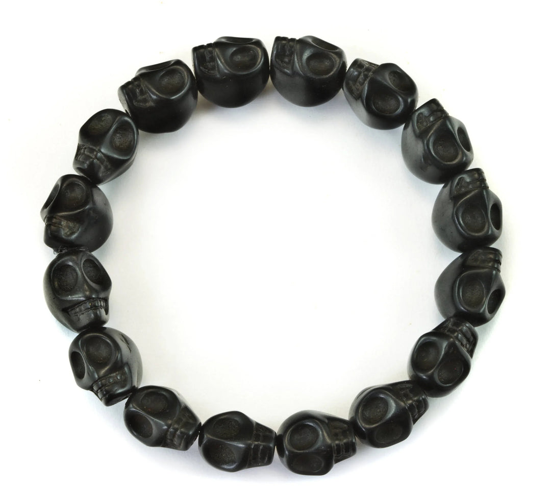 Skull Bracelet White Black Turquoise Blue Howlite Stone Skulls 7 8 Inch Man Men's Bracelet Stretchy Tibetan Mala Prayer Spyglass Designs - Spyglass Designs