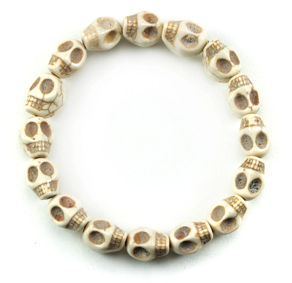 Skull Bracelet White Black Turquoise Blue Howlite Stone Skulls 7 8 Inch Man Men's Bracelet Stretchy Tibetan Mala Prayer Spyglass Designs - Spyglass Designs