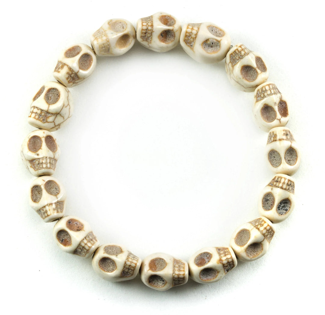 Skull Bracelet White Black Turquoise Blue Howlite Stone Skulls 7 8 Inch Man Men's Bracelet Stretchy Tibetan Mala Prayer Spyglass Designs - Spyglass Designs