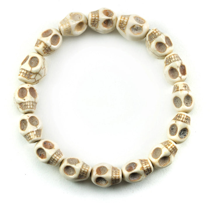 Skull Bracelet White Black Turquoise Blue Howlite Stone Skulls 7 8 Inch Man Men's Bracelet Stretchy Tibetan Mala Prayer Spyglass Designs - Spyglass Designs