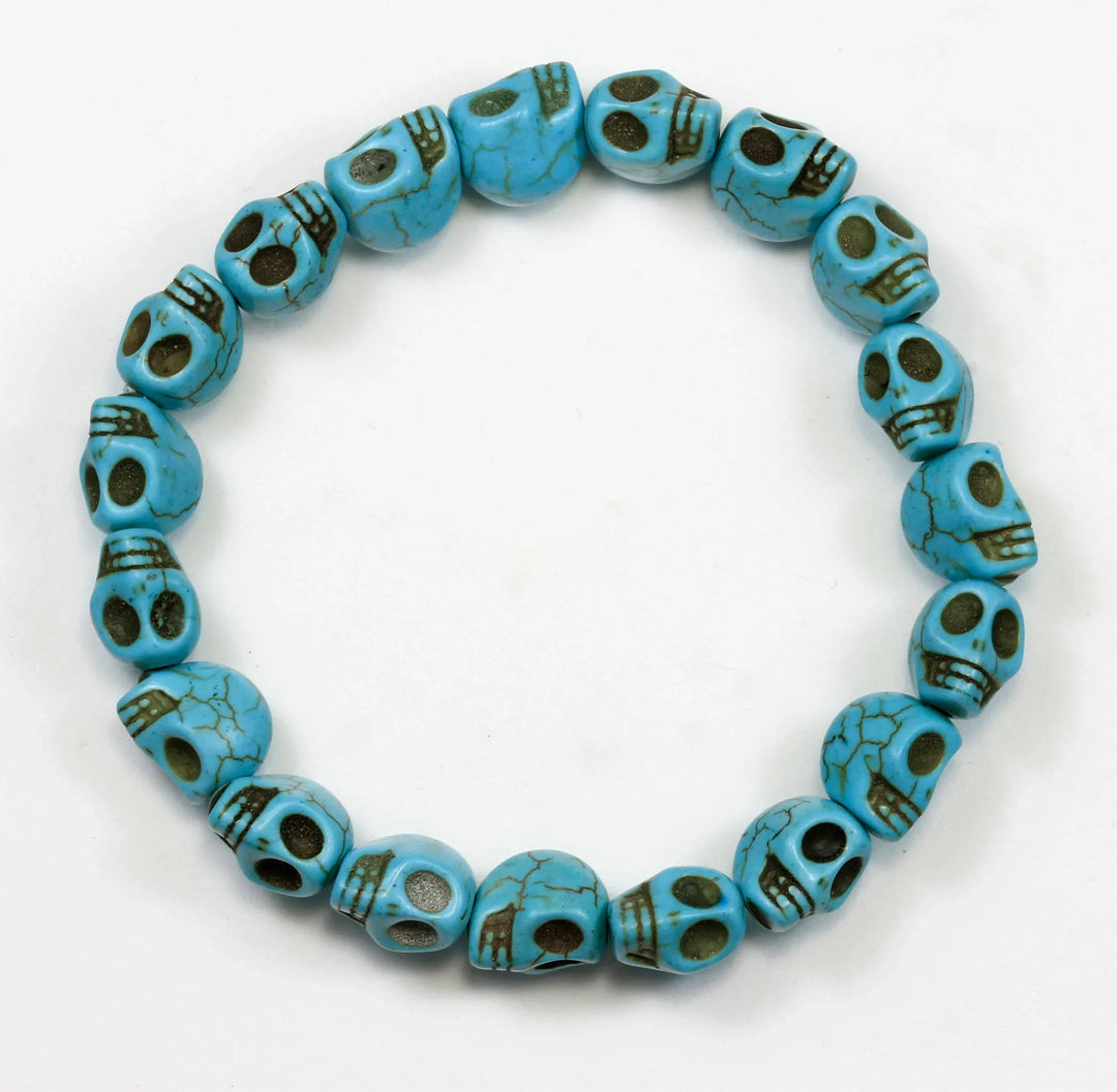 Skull Bracelet White Black Turquoise Blue Howlite Stone Skulls 7 8 Inch Man Men's Bracelet Stretchy Tibetan Mala Prayer Spyglass Designs - Spyglass Designs