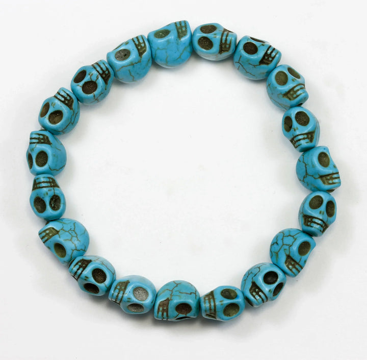 Skull Bracelet White Black Turquoise Blue Howlite Stone Skulls 7 8 Inch Man Men's Bracelet Stretchy Tibetan Mala Prayer Spyglass Designs - Spyglass Designs
