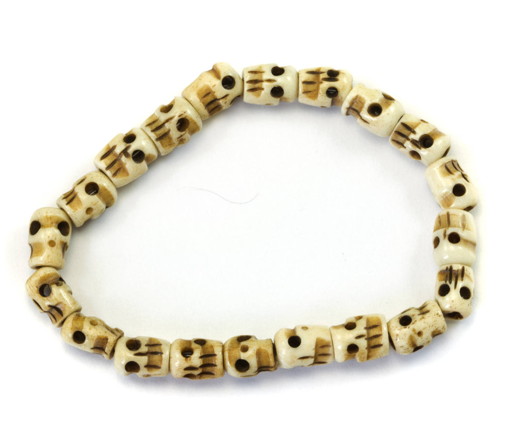 Skull Bracelet Carved Bone White Cream Or Brown  Bone Skulls 8 Inch Women Man Men's Bracelet Stretchy Tibetan Prayer Beads