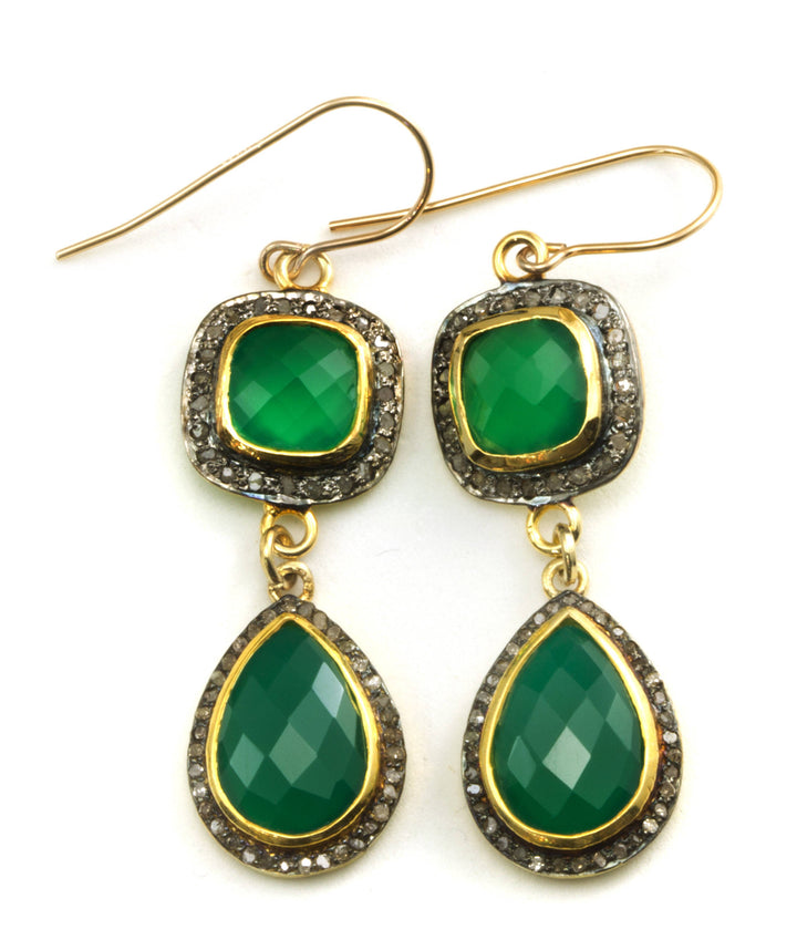Green Onyx Earrings Double Hung Natural Pave Champagne Diamonds 14k Yellow Gold black Rhodium Plate 2 Inch Drops Round or Square Top Post