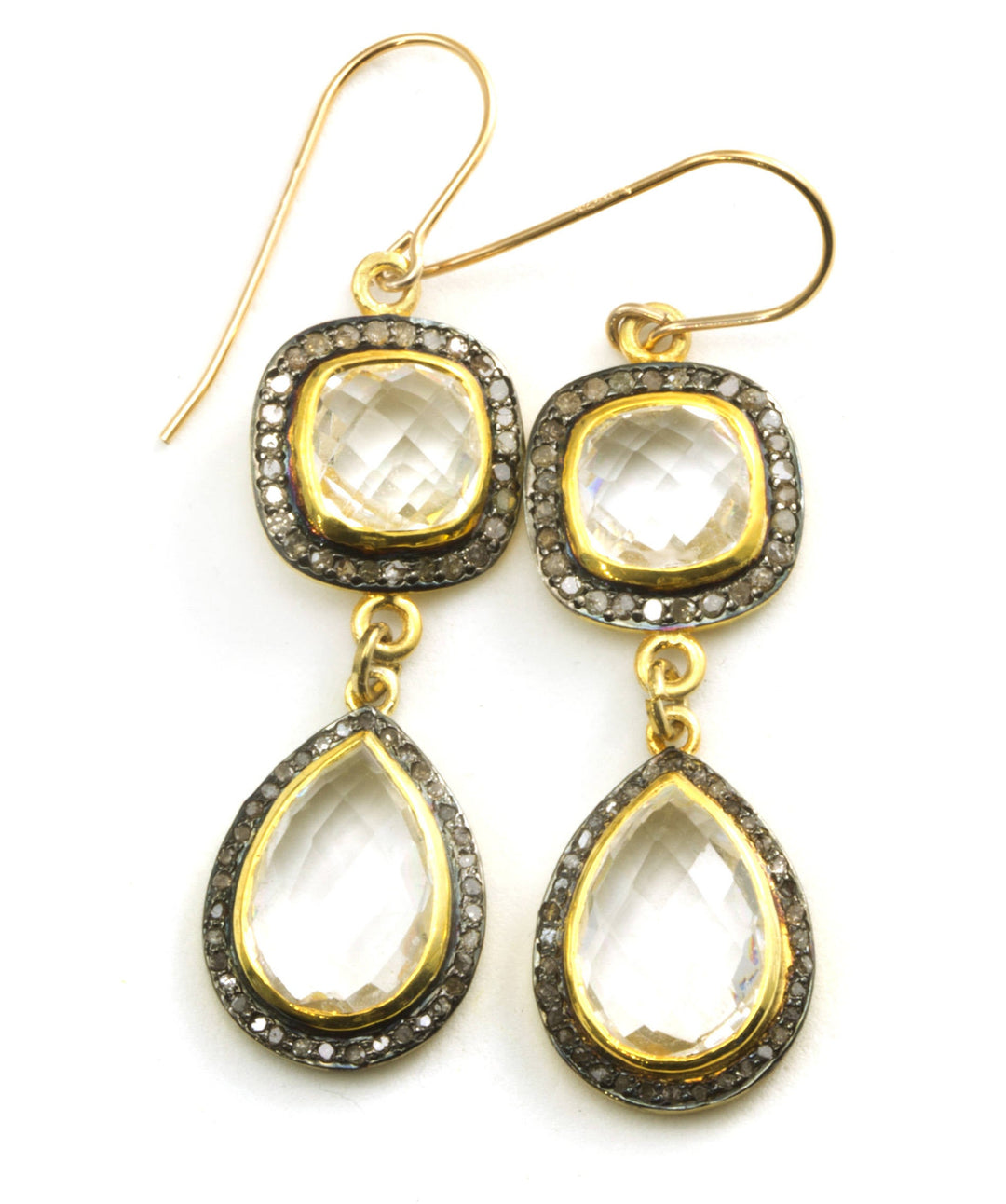Clear Quartz Earrings Double Hung Natural Pave Champagne Diamonds 14k Solid Yellow Gold black Rhodium Plate 2 Inch Drops Round or Square Top