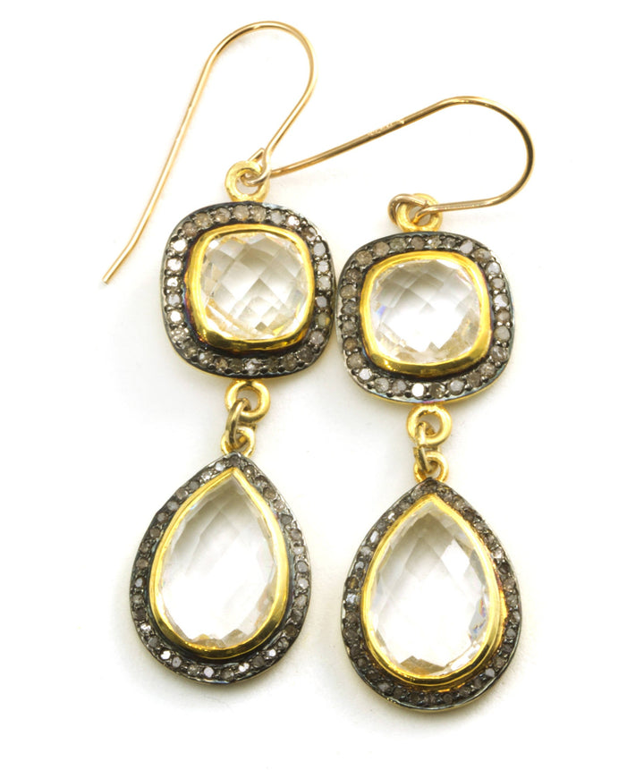 Clear Quartz Earrings Double Hung Natural Pave Champagne Diamonds 14k Solid Yellow Gold black Rhodium Plate 2 Inch Drops Round or Square Top