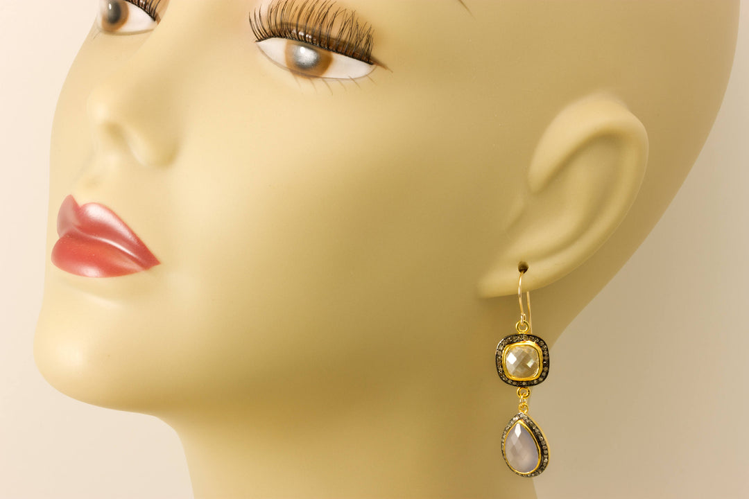 Pink Chalcedony Earrings Double Hung Natural Pave Champagne Diamonds 14k Solid Yellow Gold and black Rhodium Plate Clear Quartz  2 Inch Drop