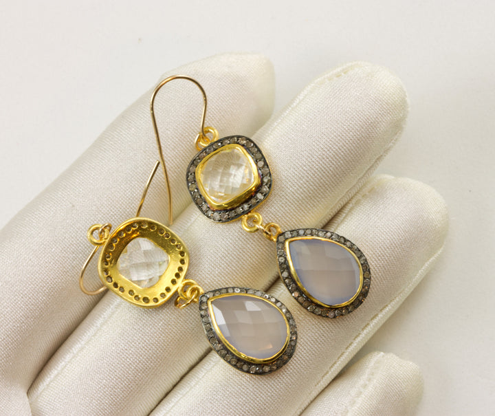 Pink Chalcedony Earrings Double Hung Natural Pave Champagne Diamonds 14k Solid Yellow Gold and black Rhodium Plate Clear Quartz  2 Inch Drop