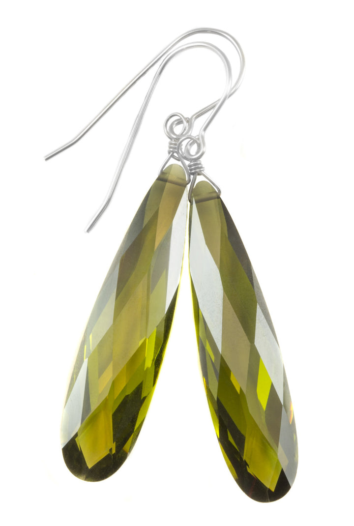 Peridot Green Cubic Zirconia Earrings Long Large Teardrops  AAA CZ 14k Solid Gold or Filled or Sterling Silver Faceted Simple 2 Inch Drops