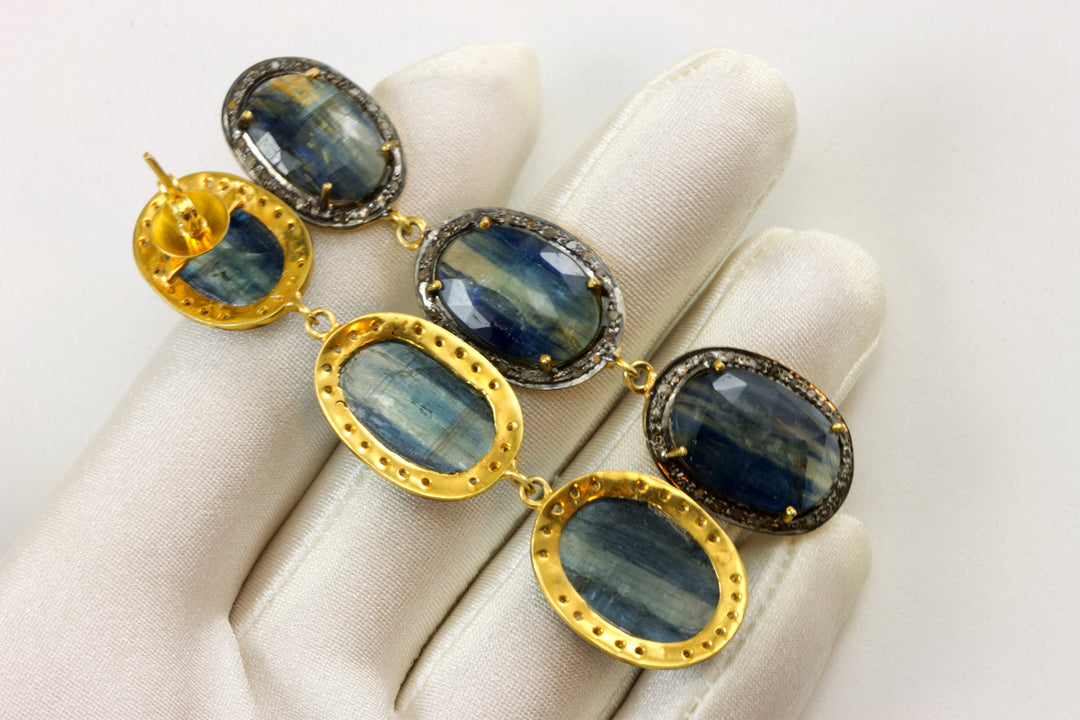 Blue Kyanite and Champagne Pave Diamond Earrings Triple Hung Long 3 Inch 14k Yellow Gold and Sterling Large Drops Post Stud Butterfly Style