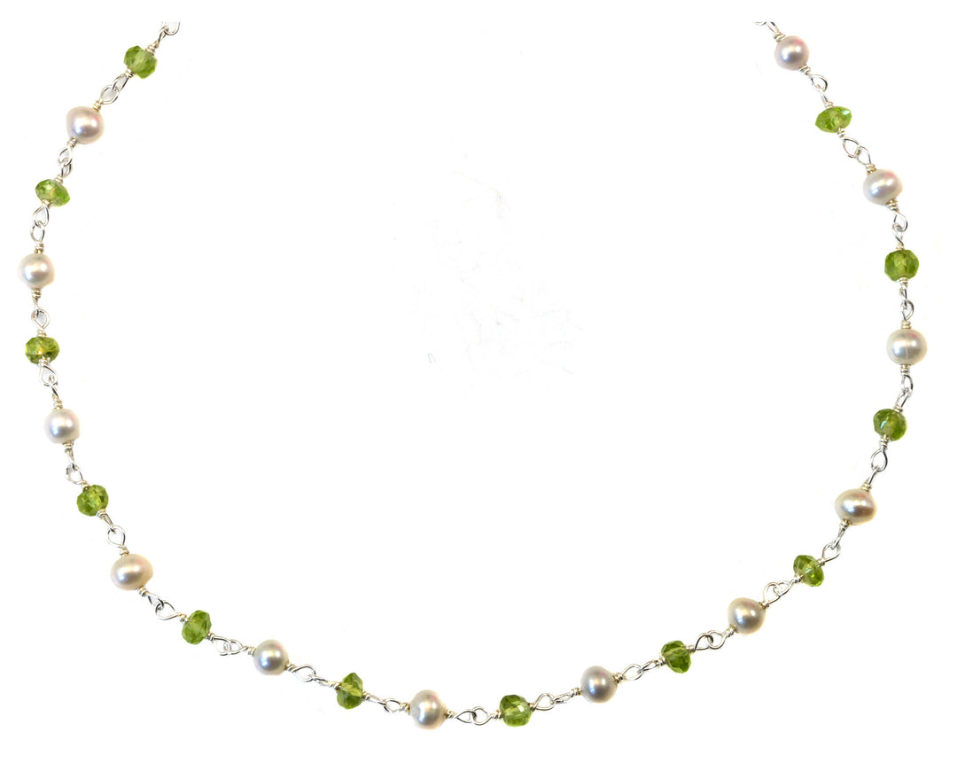 Peridot and Small Pearl  Necklace Sterling Silver or 14k gold filled Freshwater Cultured Pearls Spaced Chain Link Faceted  18 19 Inches