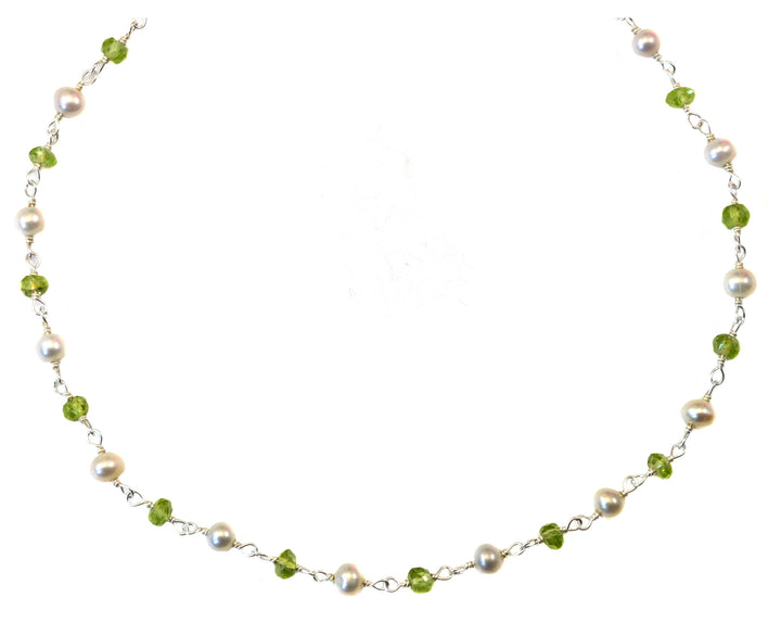 Peridot and Small Pearl  Necklace Sterling Silver or 14k gold filled Freshwater Cultured Pearls Spaced Chain Link Faceted  18 19 Inches