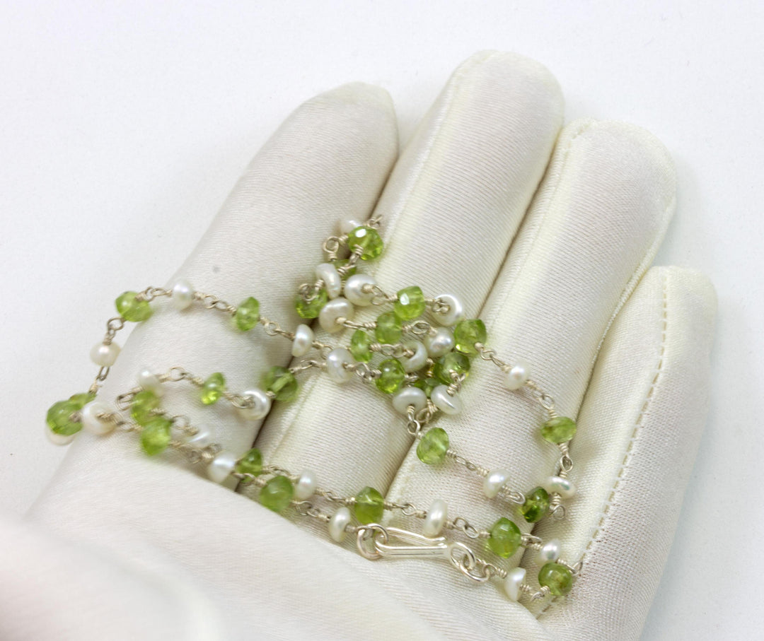 Peridot and Small Pearl  Necklace Sterling Silver or 14k gold filled Freshwater Cultured Pearls Spaced Chain Link Faceted  18 19 Inches