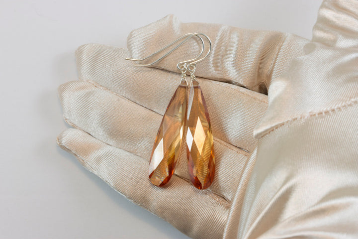 Cubic Zirconia Earrings Simulated Champagne Diamond Long Large Teardrop  AAA CZ 14k solid Gold or Filled or Sterling Silver Facet 2 In Drops