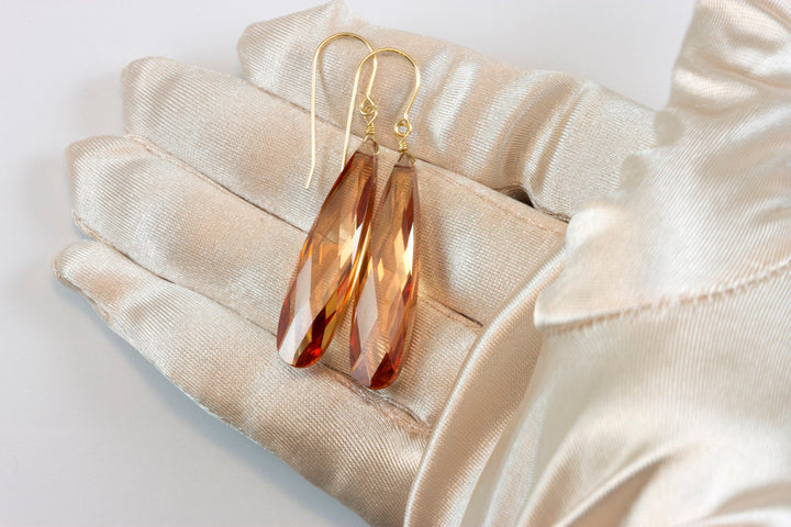 Cubic Zirconia Earrings Simulated Champagne Diamond Long Large Teardrop  AAA CZ 14k solid Gold or Filled or Sterling Silver Facet 2 In Drops