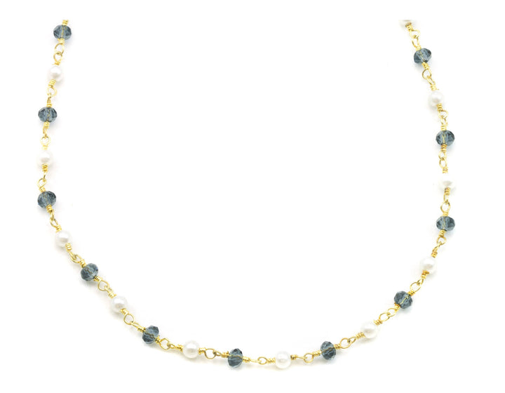 Simulated London Blue Topaz or Black Spinel Small Pearl Necklace Spaced Chain Link Crystal Faceted 14k Gold Fill and Plate 18 19 Inches
