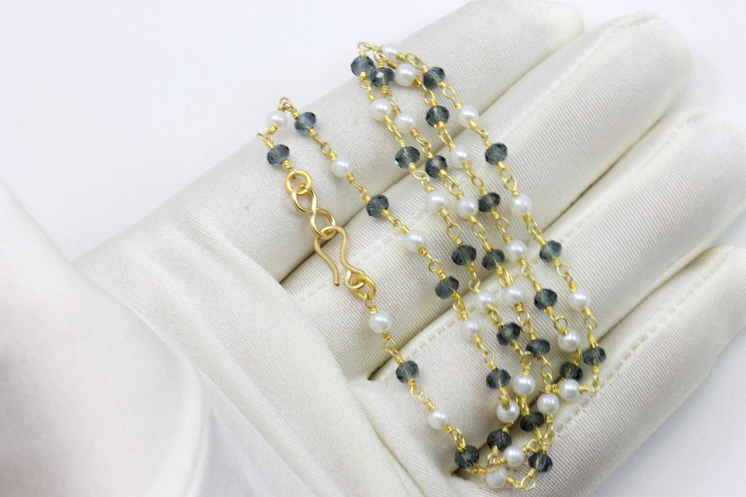 Simulated London Blue Topaz or Black Spinel Small Pearl Necklace Spaced Chain Link Crystal Faceted 14k Gold Fill and Plate 18 19 Inches