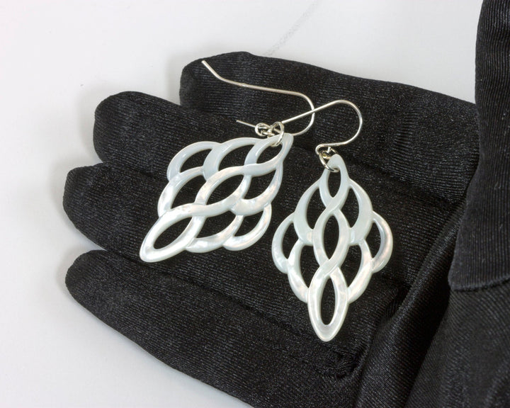 Mother of Pearl Earrings White Shell Carved Infinity Teardrop Natural 14k Gold Filled or Sterling Silver Large High Luster MOP Drops 2 Inch