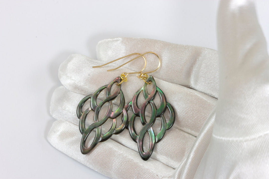 Mother of Pearl Earrings Peacock Black Shell Carved Infinity Teardrop Natural 14k Solid Gold or Filled or Sterling Silver Large MOP  2 Inch