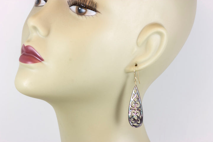 Mother of Pearl Earrings Peacock Black Shell Carved Relief Teardrop Natural 14k Solid Gold or Filled or Sterling Silver Large Luster MOP  2