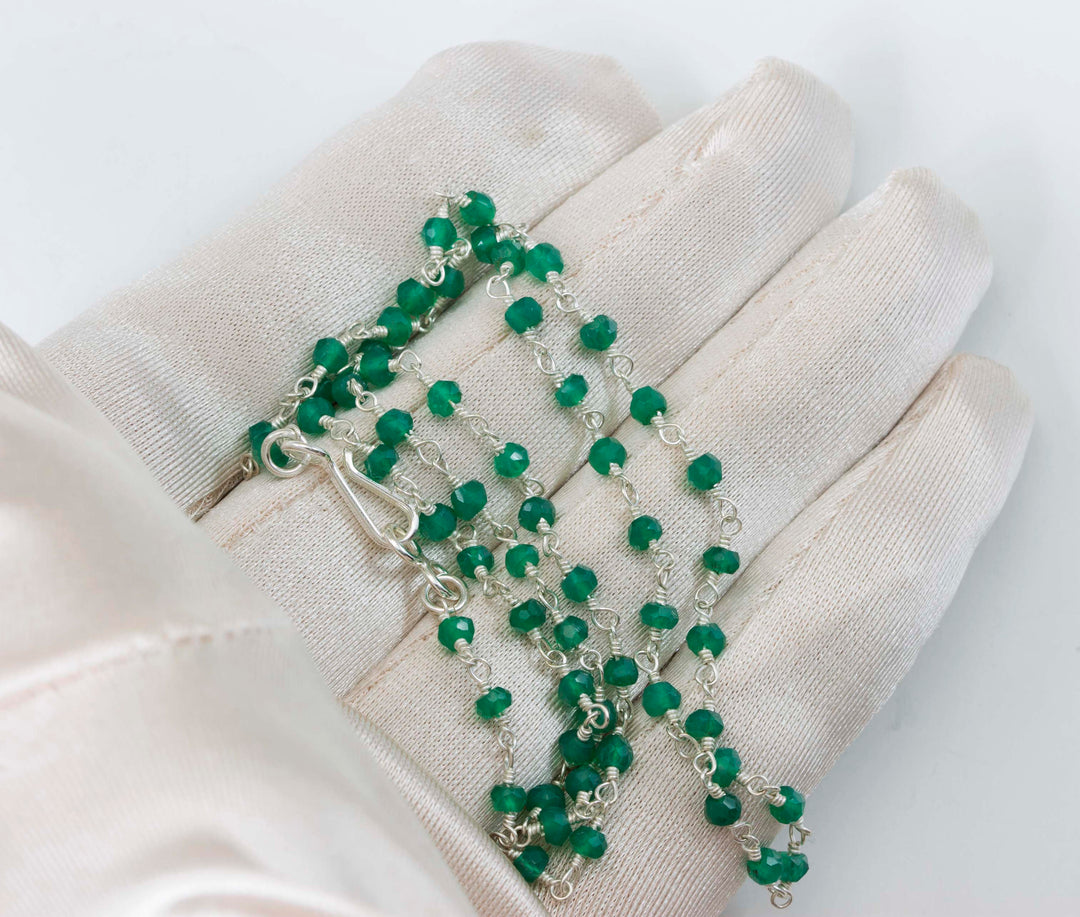 Green Onyx Necklace Faceted Spaced Link Beaded 14k Gold Fill or Sterling Silver Necklace 18 19 Inches Rich Emerald Green in Color 3mm or 5mm