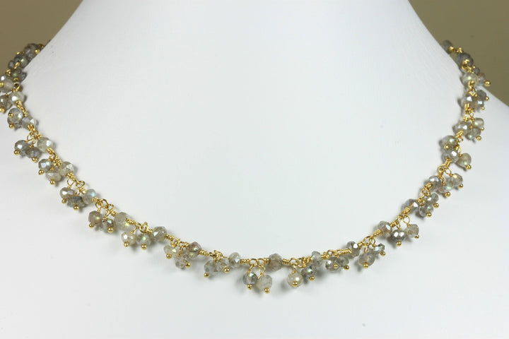 Labradorite Necklace 14k Gold Fill Dense Cluster Style  Faceted Chain Link 18 19 Inches Dainty Chain Flashes Blue Beaded Wired Chain