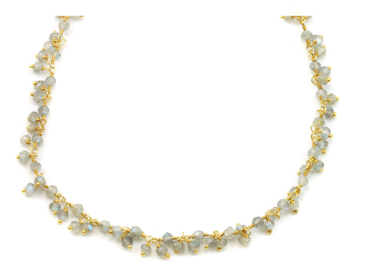 Labradorite Necklace 14k Gold Fill Dense Cluster Style  Faceted Chain Link 18 19 Inches Dainty Chain Flashes Blue Beaded Wired Chain