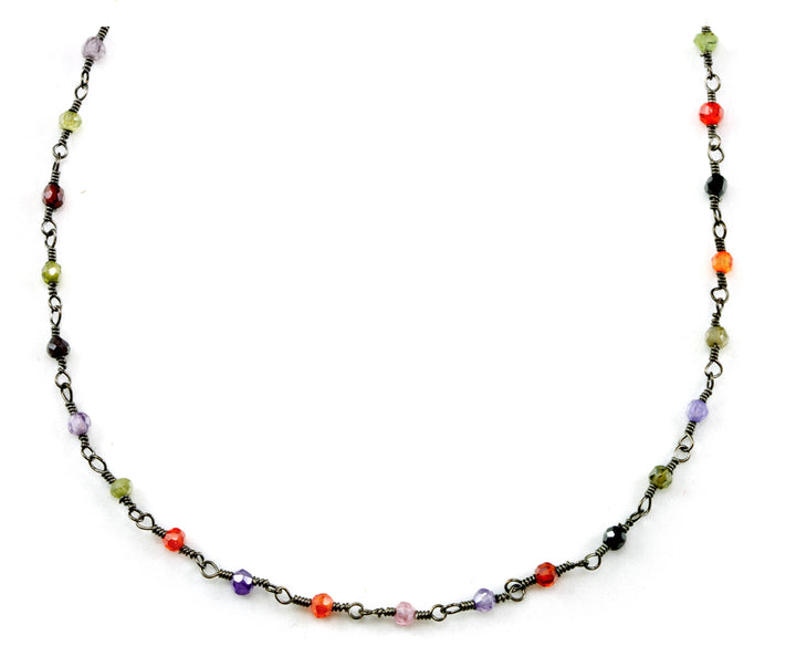 CZ Necklace Sterling Silver or Black Oxidized Chain Link Faceted  18 19 Inches Multicolors  Multi Colors Cubic Zirconia